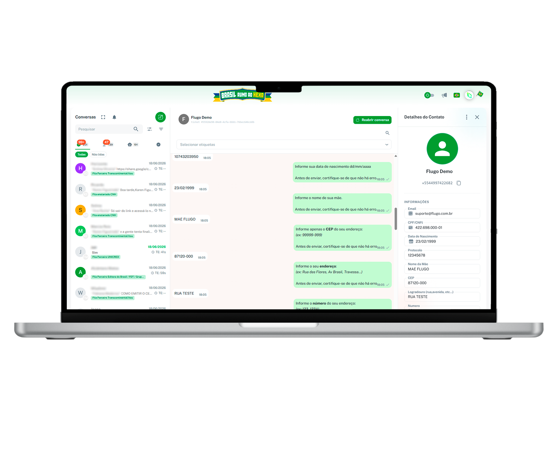 Painel de conversas e tickets do Flugo Chat